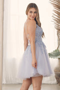 Floral Lace Embellished Short Homecoming Gown w/ Flare Skirt & Spaghetti Straps NXG785