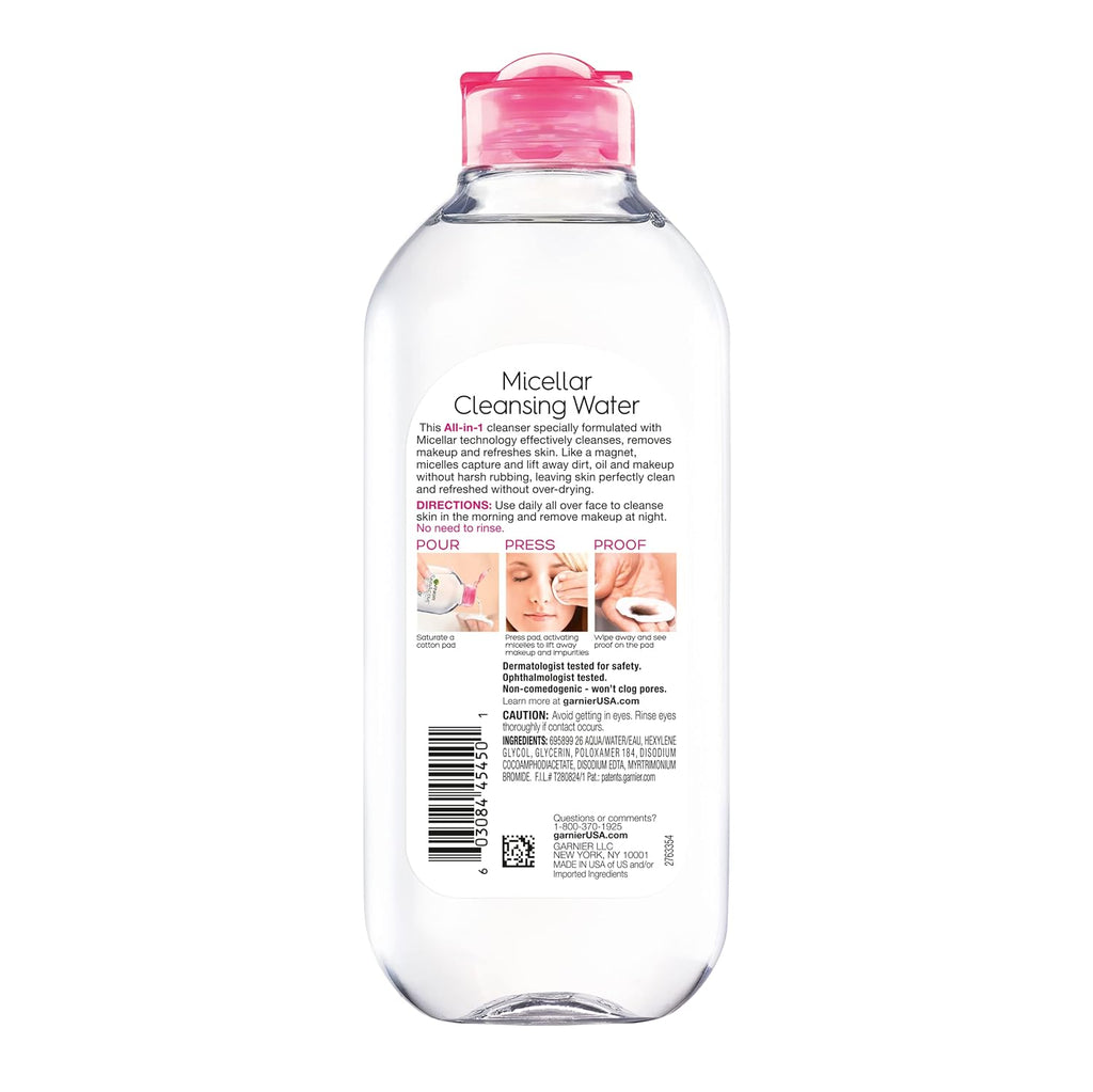 Garnier Micellar Cleansing Water, All-in-1 Makeup Remover and Facial Cleanser, For All Skin Types, 3.4 Fl Oz (100mL), 1 Count (Packaging May Vary)