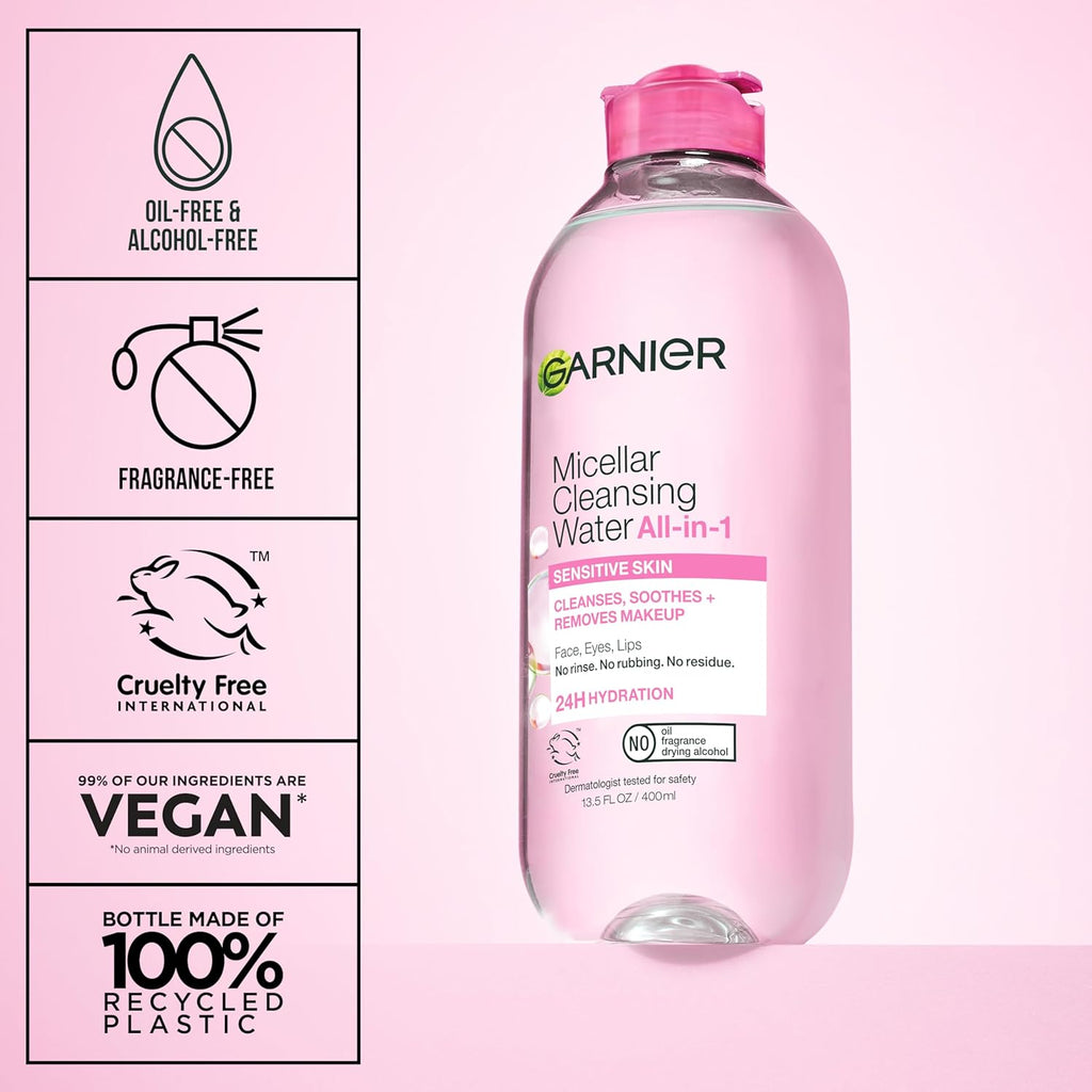 Garnier Micellar Cleansing Water, All-in-1 Makeup Remover and Facial Cleanser, For All Skin Types, 3.4 Fl Oz (100mL), 1 Count (Packaging May Vary)