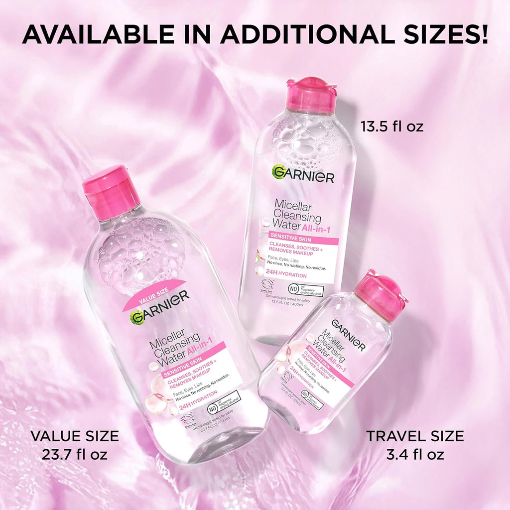 Garnier Micellar Cleansing Water, All-in-1 Makeup Remover and Facial Cleanser, For All Skin Types, 3.4 Fl Oz (100mL), 1 Count (Packaging May Vary)