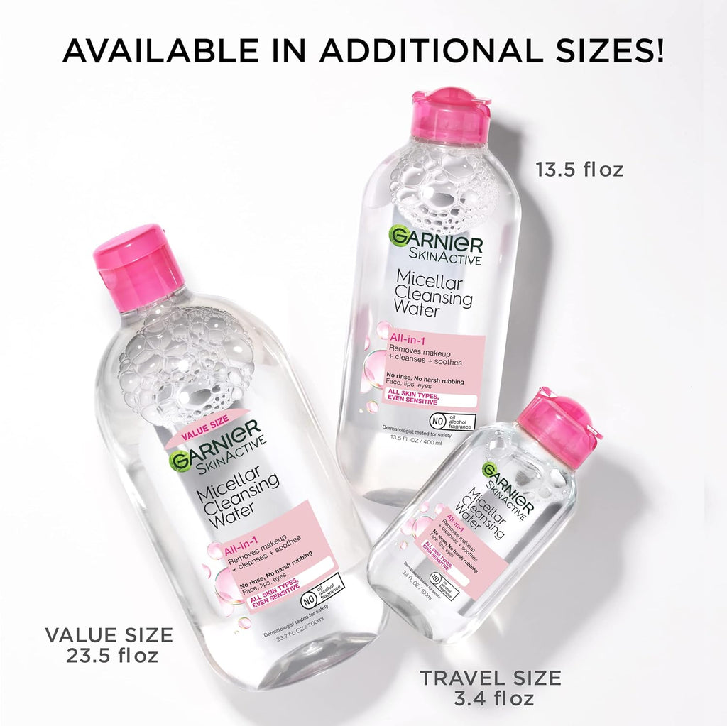 Garnier Micellar Cleansing Water, All-in-1 Makeup Remover and Facial Cleanser, For All Skin Types, 3.4 Fl Oz (100mL), 1 Count (Packaging May Vary)