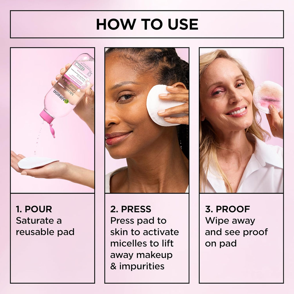 Garnier Micellar Cleansing Water, All-in-1 Makeup Remover and Facial Cleanser, For All Skin Types, 3.4 Fl Oz (100mL), 1 Count (Packaging May Vary)